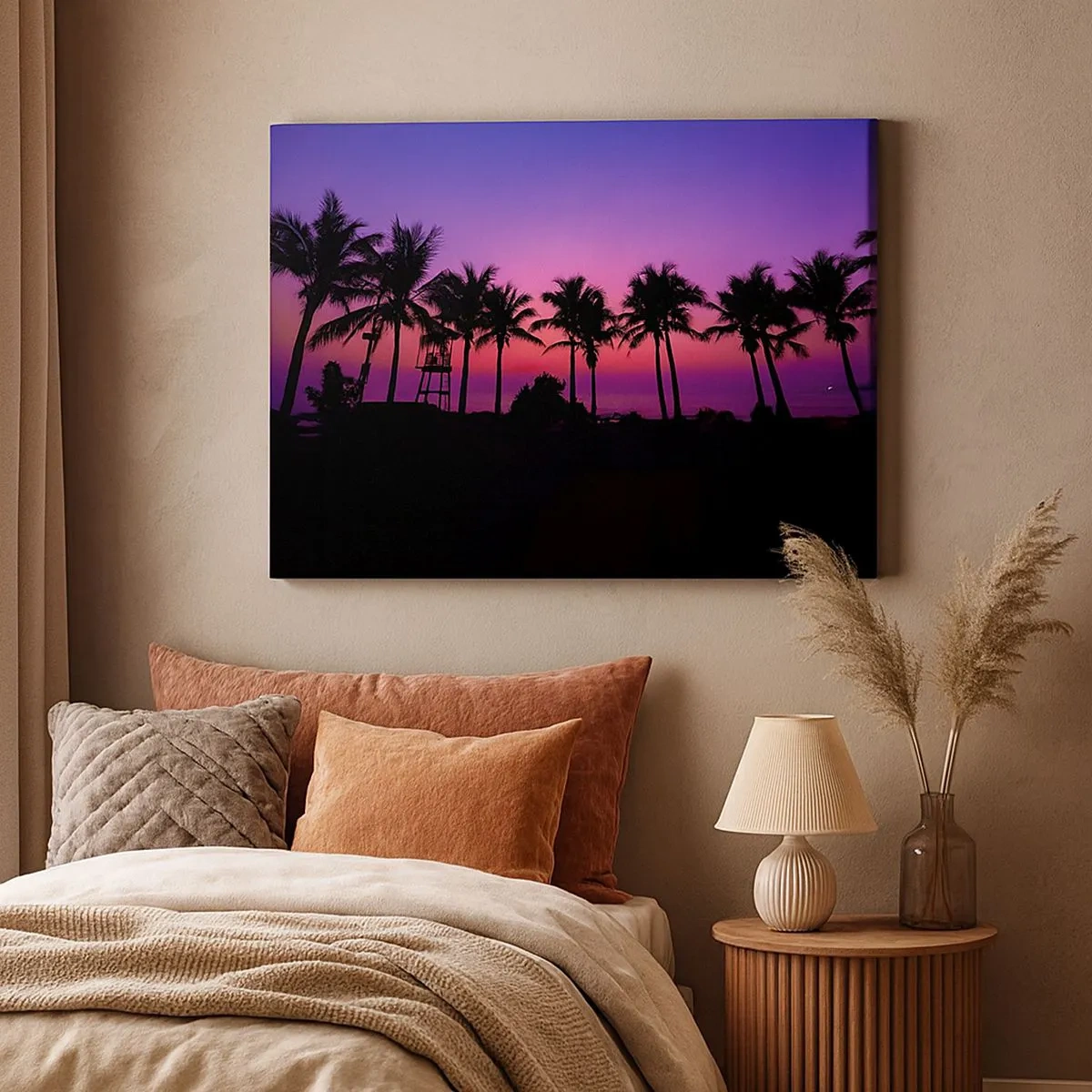 Canvas picture - Silhouettes of palm trees against a pink-purple sunset sky - 70x50cm - Evening under the Palms - Modern wall decoration for the living room and bedroom ARTTOR