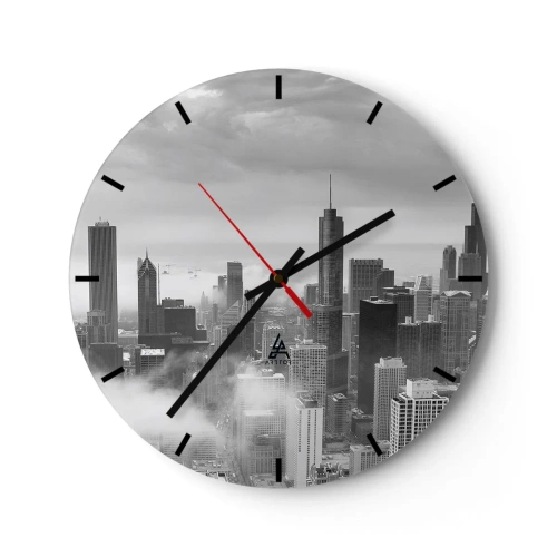 Wall clock - Clock on glass - Black and white city panorama with skyscrapers and fog - 30x30cm - American Landscape - Modern wall decoration for the living room, kitchen, and bedroom ARTTOR