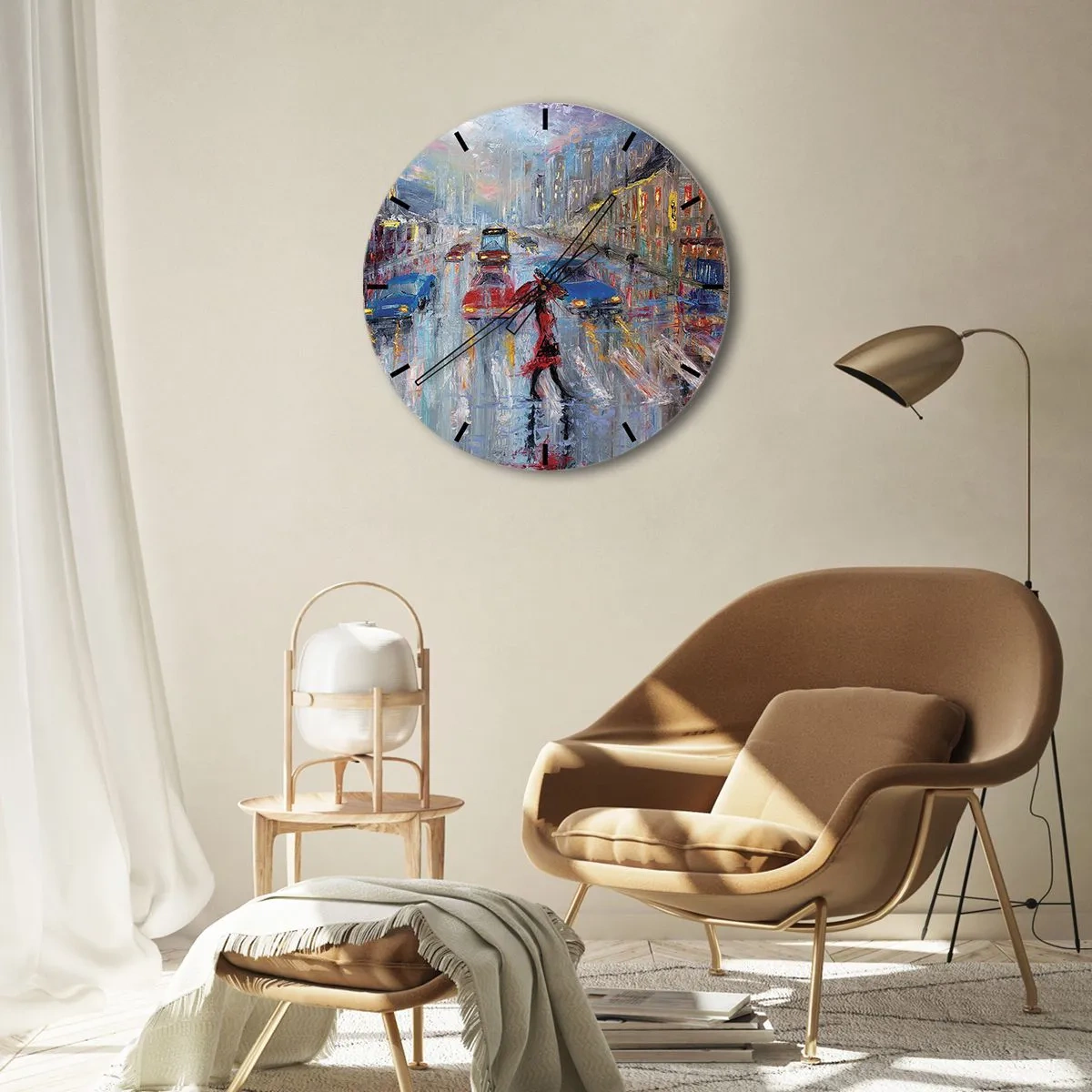 Wall clock - Clock on glass - Rainy Afternoon in a City - 40x40 cm