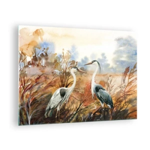 Glass picture - Two cranes in an autumn landscape painted in watercolor - 70x50cm - Where to in Autumn? - Modern wall decoration for the living room and bedroom ARTTOR