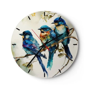 Wall clock - Clock on glass - Colorful birds on a branch in a watercolor illustration style - 30x30cm - Is It Offended? - Modern wall decoration for the living room, kitchen, and bedroom ARTTOR