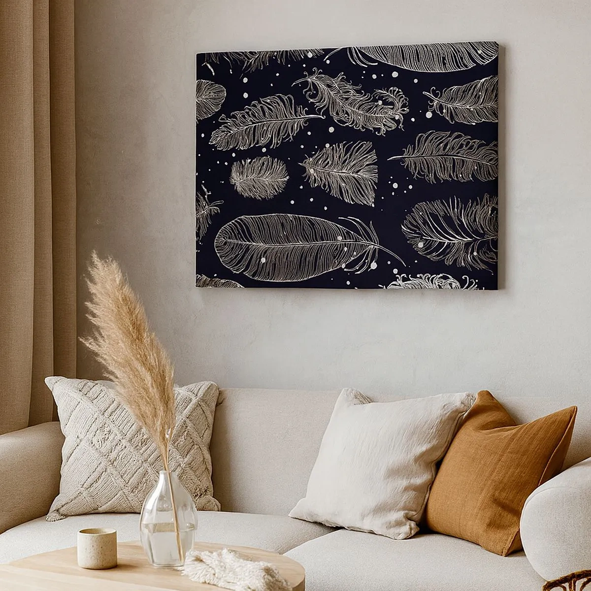 Canvas picture - Delicate white feathers on a navy blue background - 70x50cm - Feathery Lace - Modern wall decoration for the living room and bedroom ARTTOR