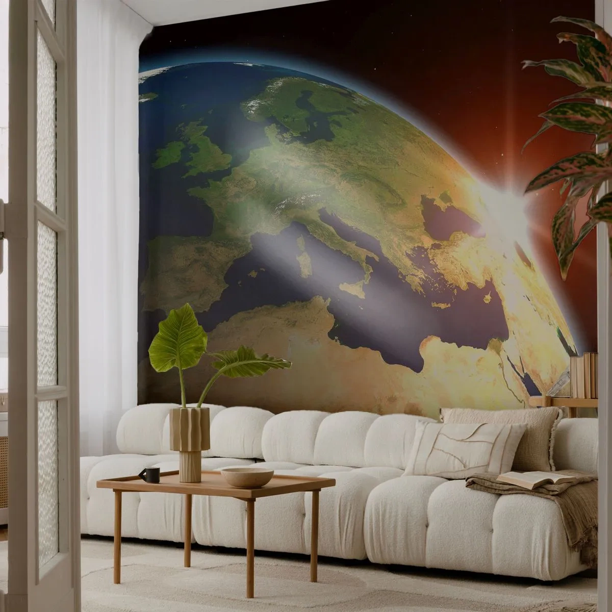 Photo Wallpaper Premium Sand - Sunrise - Cosmos, Globe, Continents - 300x210 cm