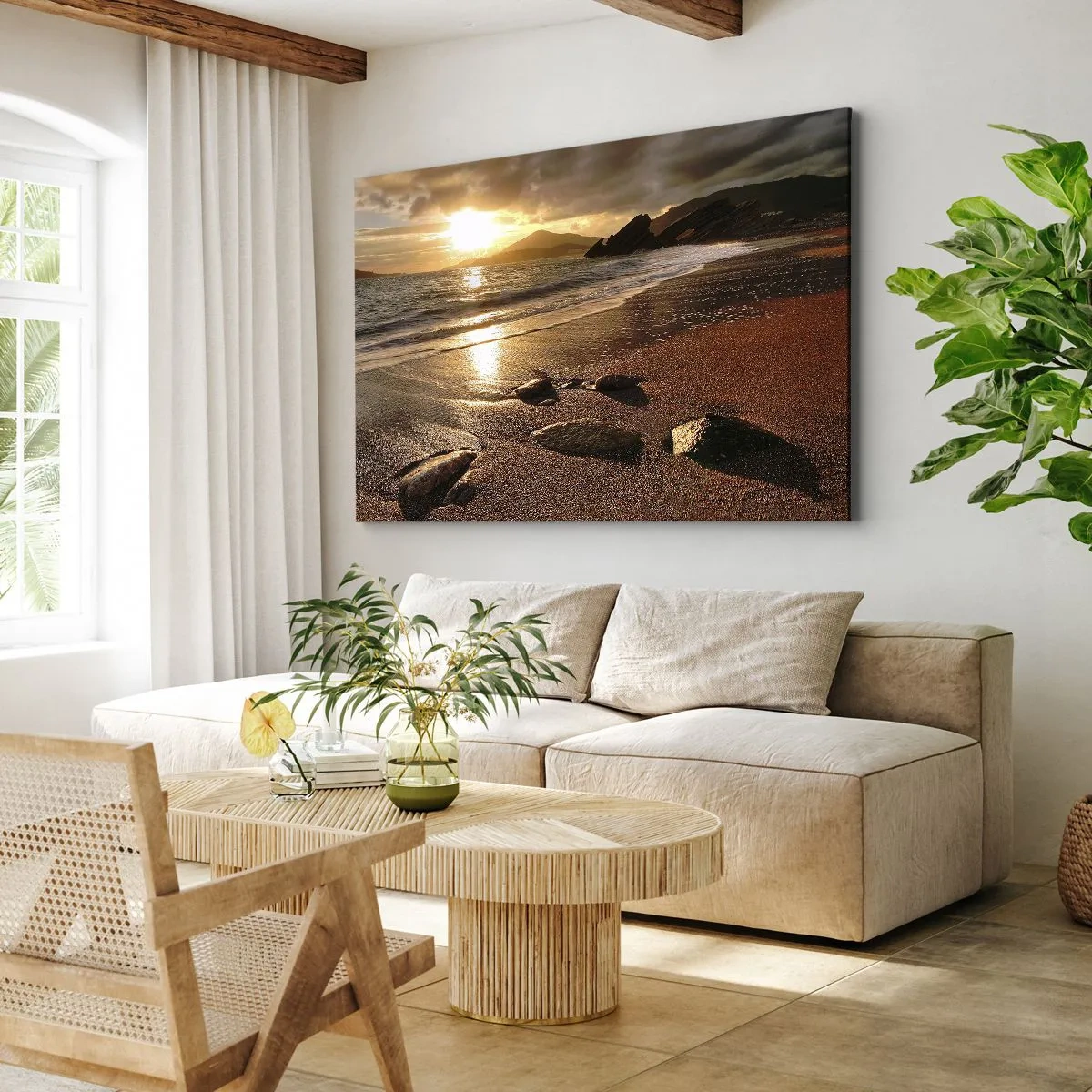 Canvas picture - Beach at sunset with stones on the shore - 70x50cm - Follow the Sun towards Hills - Modern wall decoration for the living room and bedroom ARTTOR