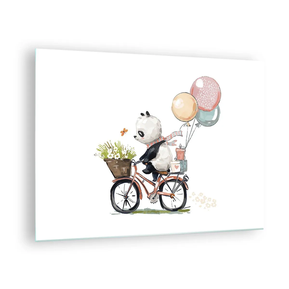 Glass picture - A panda riding a bike with balloons and a basket of flowers. - 70x50cm - Lucky Day - Modern wall decoration for the living room and bedroom ARTTOR