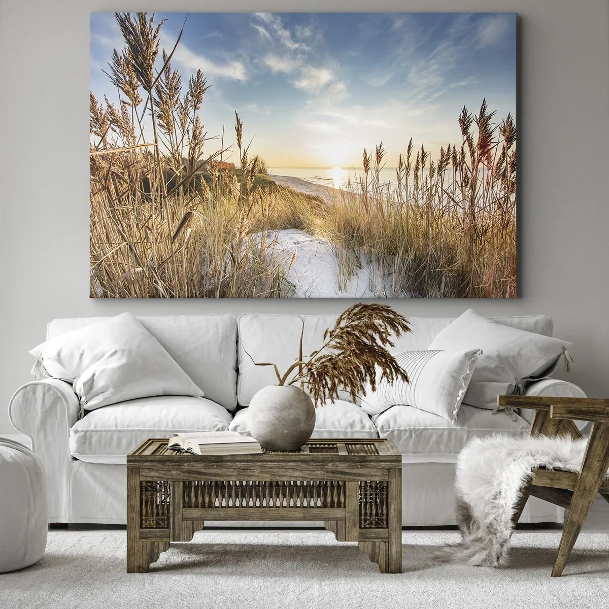 Canvas picture - A picturesque beach with grass and the setting sun - 70x50cm - Northern Beach - Modern wall decoration for the living room and bedroom ARTTOR