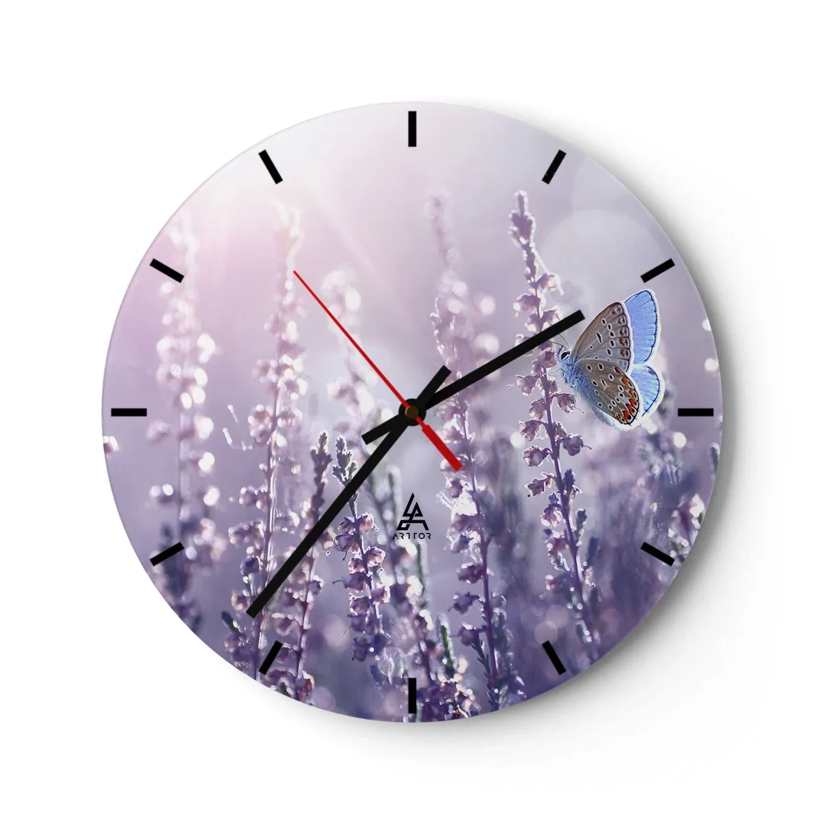 Wall clock - Clock on glass - Butterfly on lavender in the sun's rays - 30x30cm - Kiss of a Butterfly - Modern wall decoration for the living room, kitchen, and bedroom ARTTOR