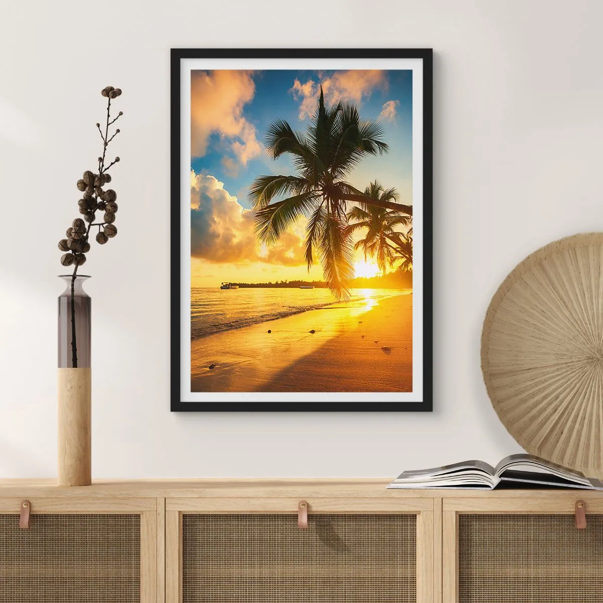 Poster in black frame - Tropical beach at sunset with palm trees - 50x70cm - Caribbean Dream - Modern wall decoration for the living room and bedroom ARTTOR