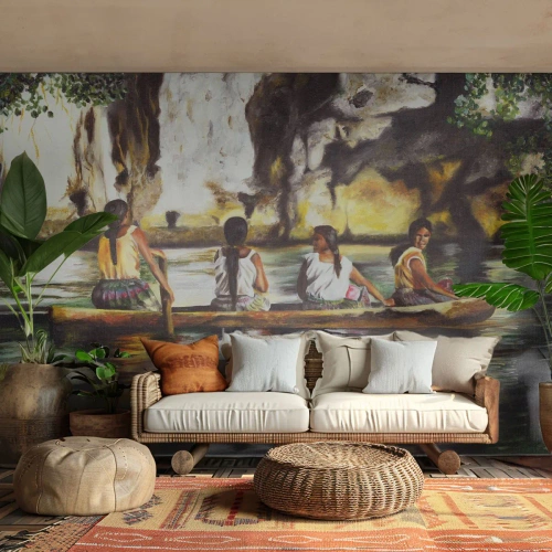 Photo Wallpaper Standard Eco - Women in a boat floating on a river among rocks and greenery - 100x70cm - Polinesian Paradise - Modern wall decoration for the living room and bedroom ARTTOR