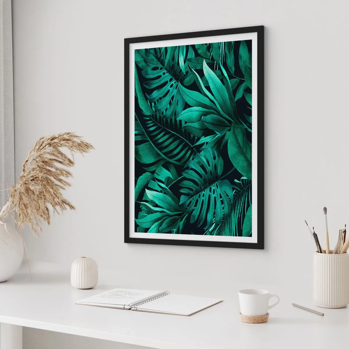 Poster in black frame - Tropical leaves in shades of green - 50x70cm - Depth of Tropical Green - Modern wall decoration for the living room and bedroom ARTTOR