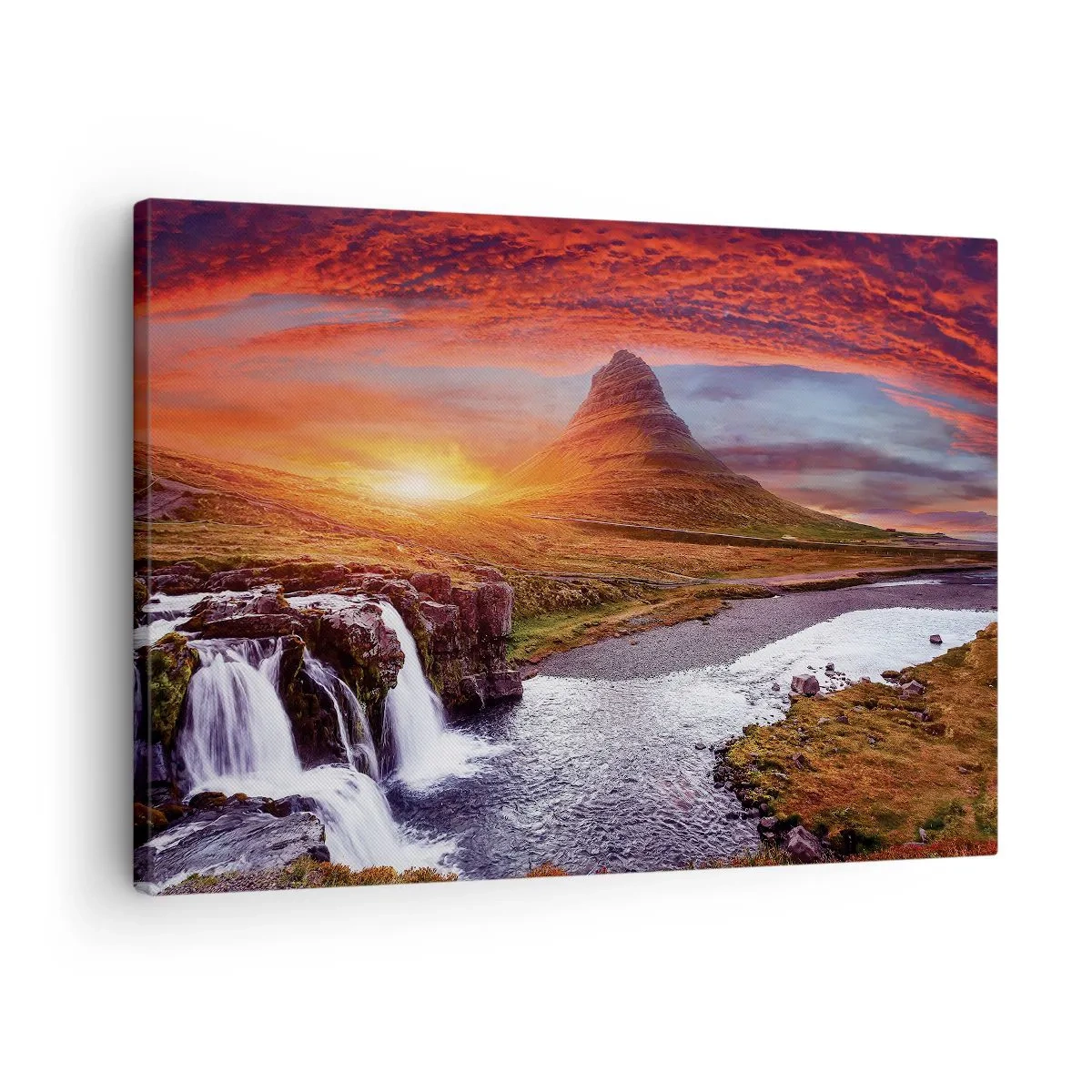 Canvas picture - Mountain scenery with a waterfall at sunset - 70x50cm - View of Middle-Earth - Modern wall decoration for the living room and bedroom ARTTOR