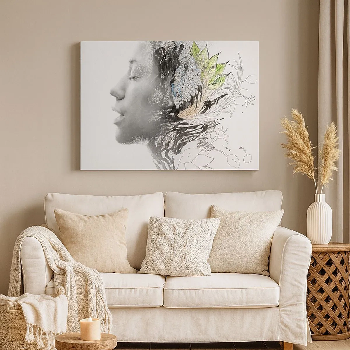 Canvas picture - Profile of a woman in an artistic collage of nature and blackness - 70x50cm - Immersed in Nature - Modern wall decoration for the living room and bedroom ARTTOR