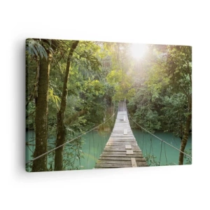 Canvas picture - A hanging bridge in a tropical forest illuminated by sunlight. - 70x50cm - Azure Water in Azure Forest - Modern wall decoration for the living room and bedroom ARTTOR