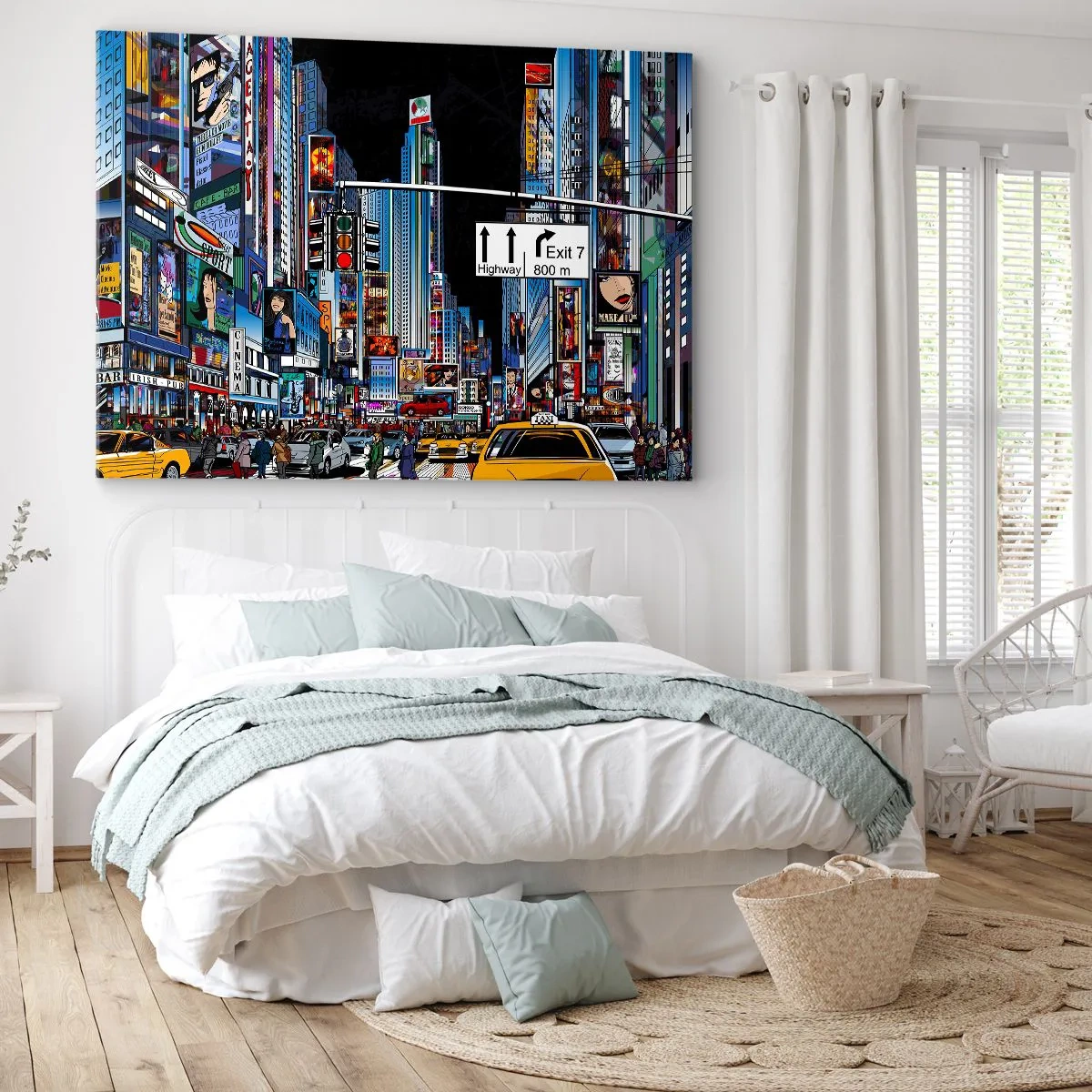 Canvas picture - A bustling city with colorful advertisements and yellow taxis - 70x50cm - Comic Night in a Big City - Modern wall decoration for the living room and bedroom ARTTOR