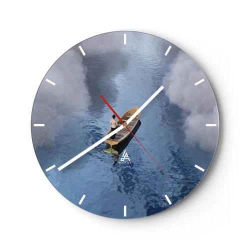 Wall clock - Clock on glass - A figure in a boat floating on calm water among the clouds - 30x30cm - Life - Travel - Unknown - Modern wall decoration for the living room, kitchen, and bedroom ARTTOR