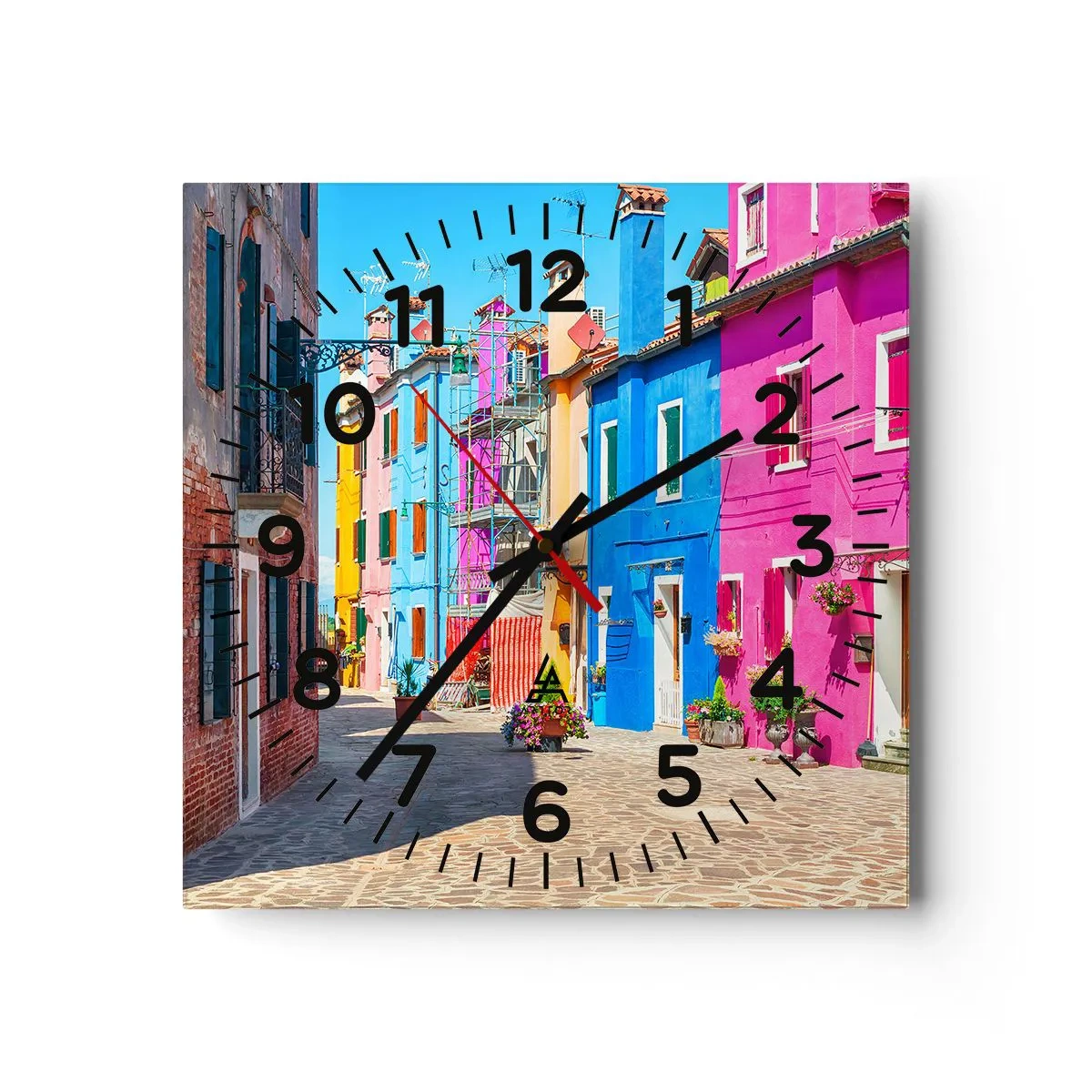 Wall clock - Clock on glass - Town Bursting with Colours - 40x40 cm