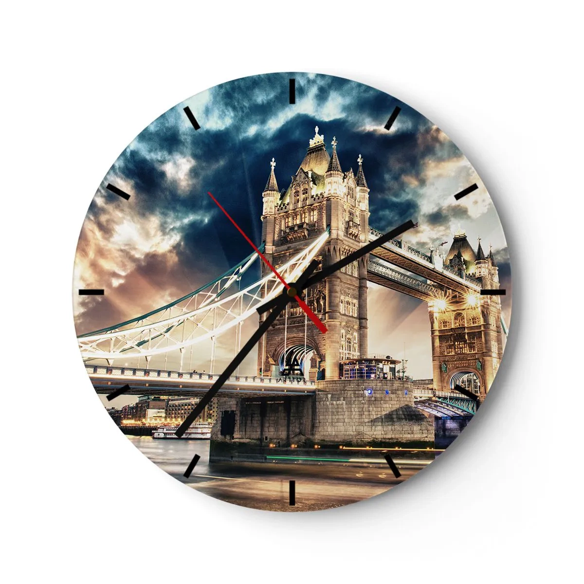 Wall clock - Clock on glass - Tower Bridge at night with a dramatic sky - 30x30cm - Statue to Victorian Empire - Modern wall decoration for the living room, kitchen, and bedroom ARTTOR