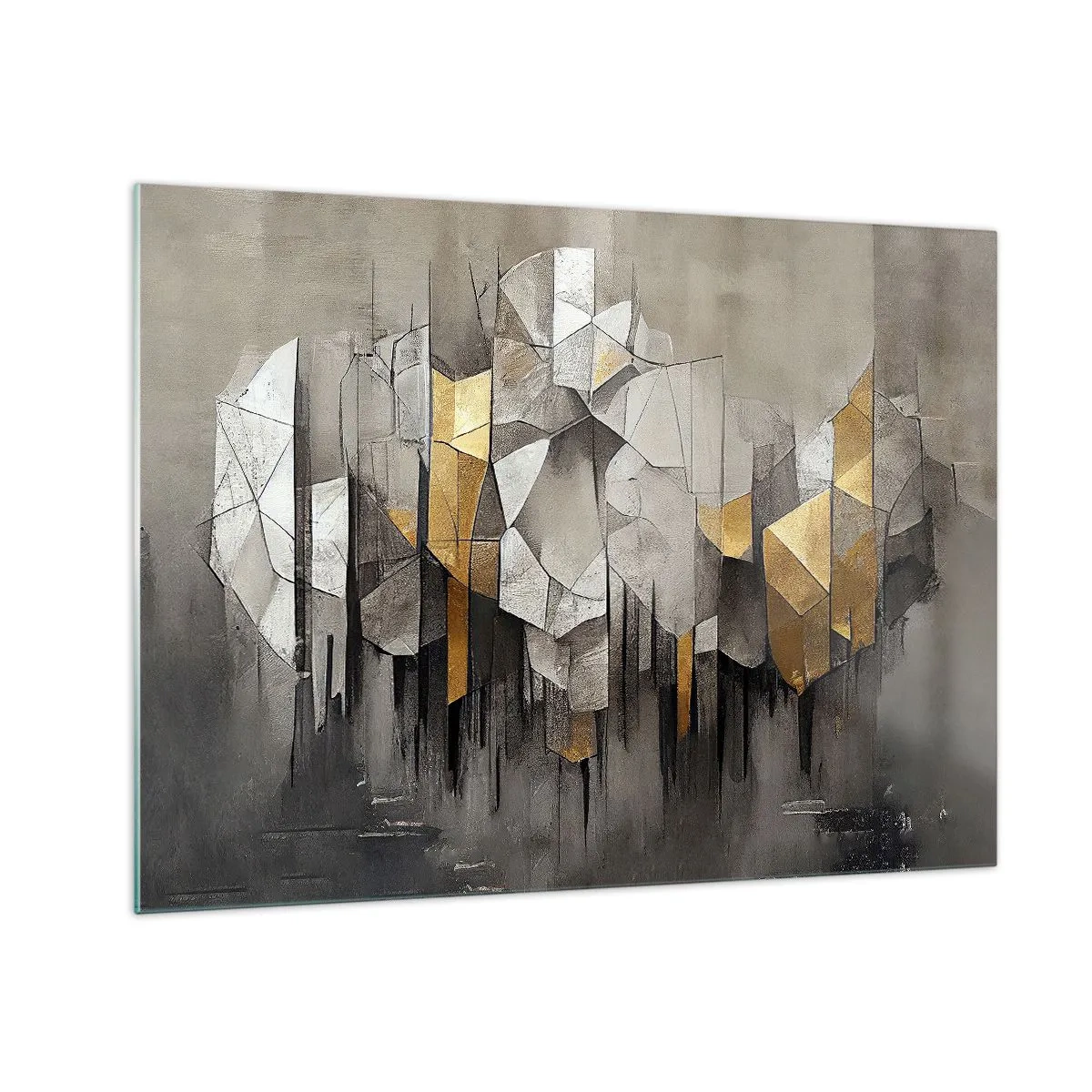 Glass picture - Abstract shapes in shades of gray, white and gold - 70x50cm - Composition of Ice and Light - Modern wall decoration for the living room and bedroom ARTTOR