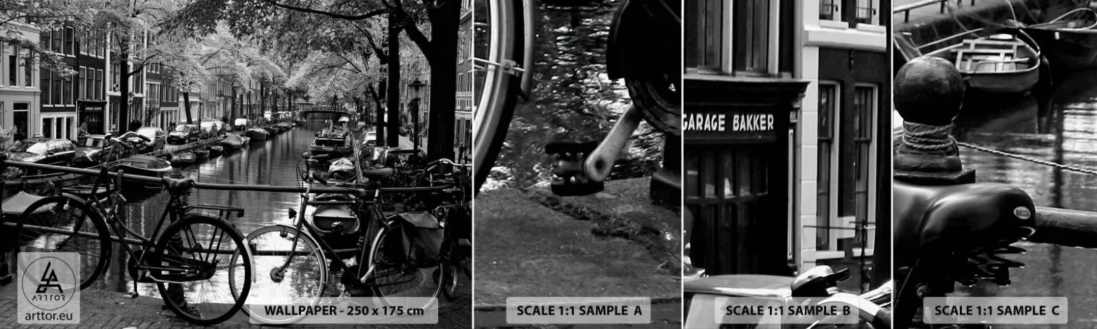 Photo Wallpaper Sample Self-Adhesive Deluxe Sticker - A Very Dutch View - Amsterdam, Bicycle, Architecture - 100x30 cm