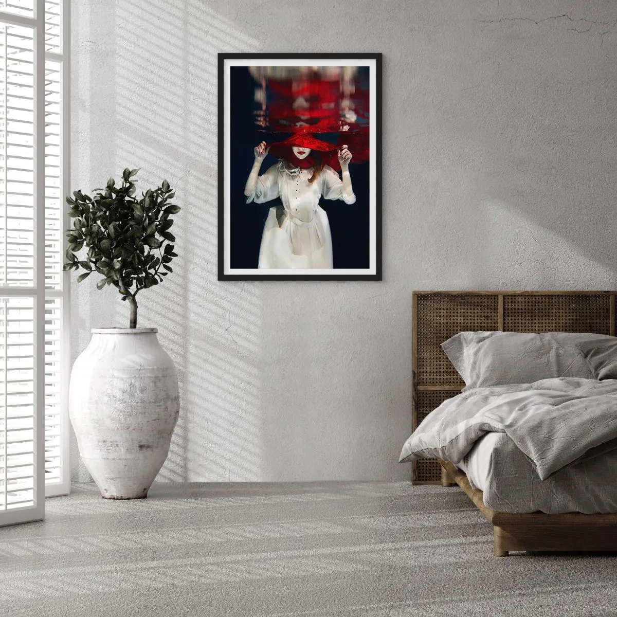 Poster in black frame - woman in a red hat is submerged underwater. - 50x70cm - Mysterious Woman - Modern wall decoration for the living room and bedroom ARTTOR