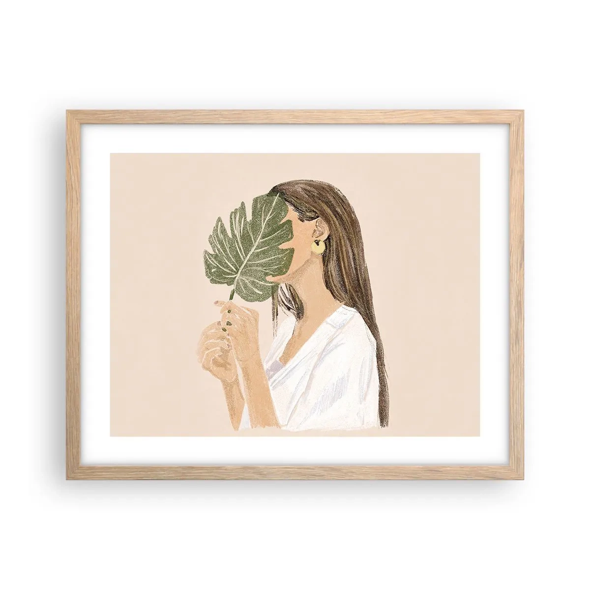 Poster in light oak frame - Mysterious Portrait with a Fan - 50x40 cm