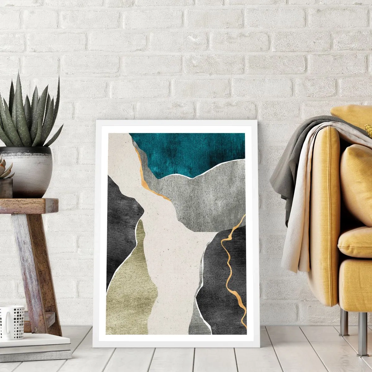 Poster in white frmae - Mosaic Composition with a Gold Thread - 30x40 cm