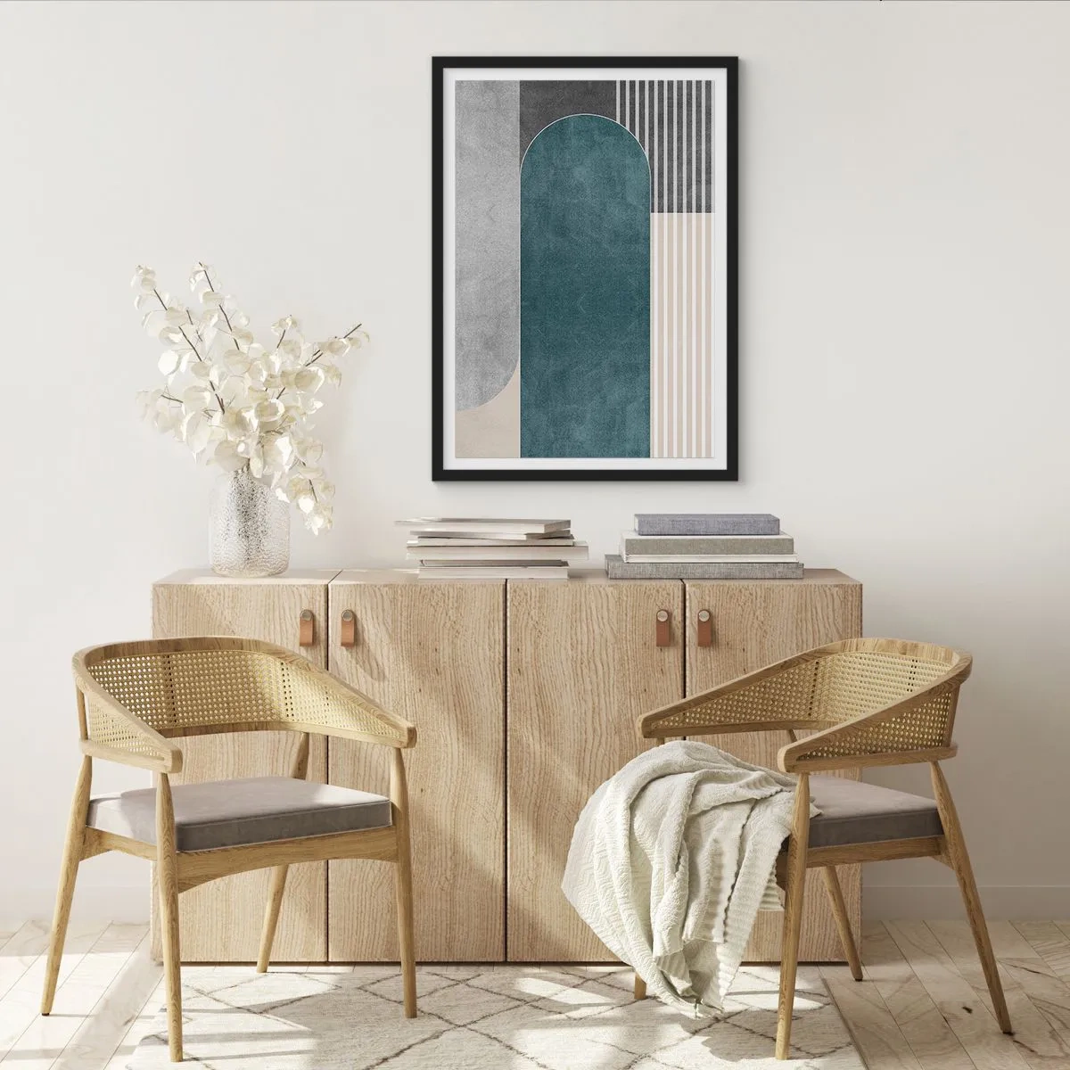 Poster in black frame - Geometric composition in shades of green and gray - 50x70cm - Levelled Composition - Modern wall decoration for the living room and bedroom ARTTOR