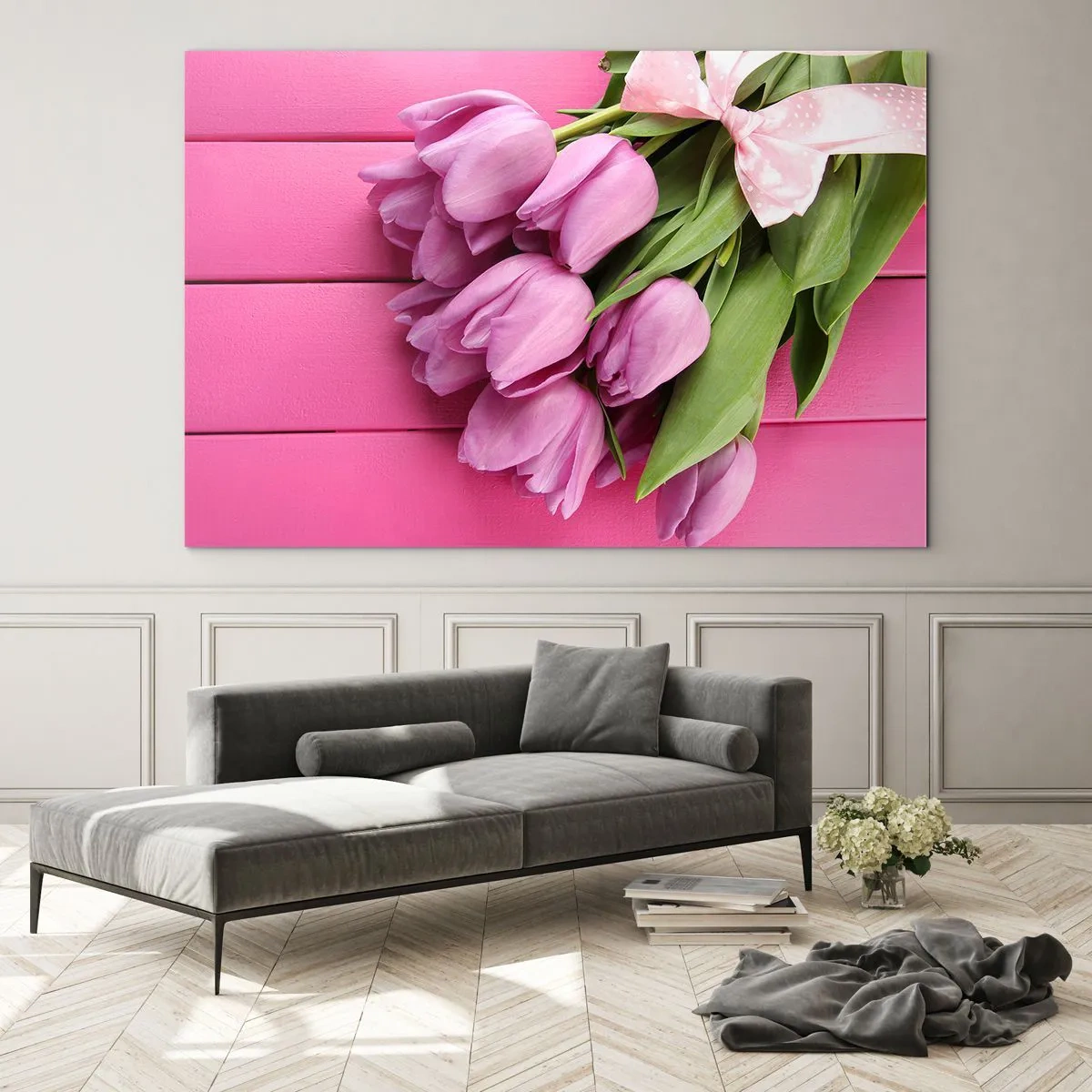 Glass picture - A bouquet of pink tulips on a wooden background - 70x50cm - Especially for You - Modern wall decoration for the living room and bedroom ARTTOR