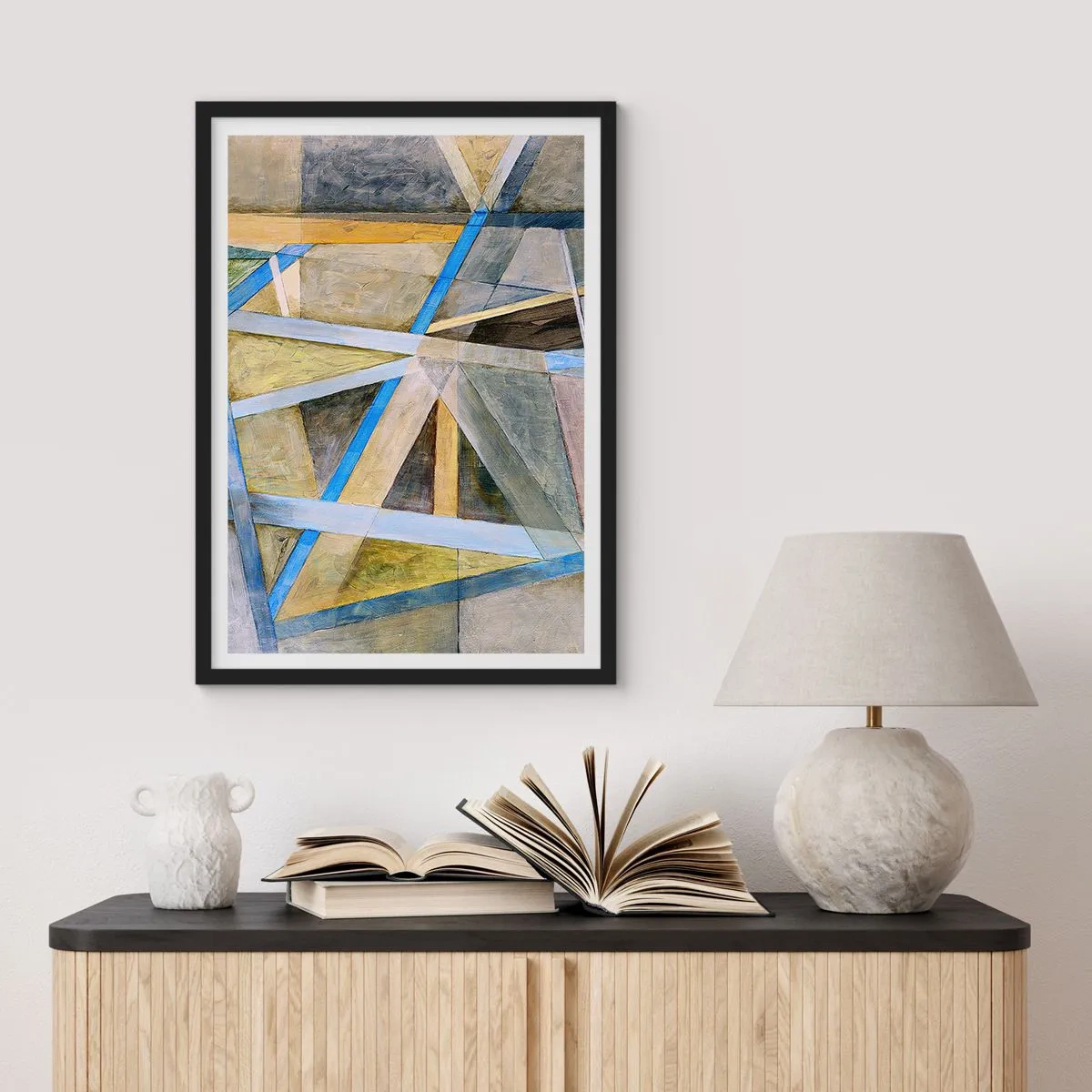 Poster in black frame - Geometric abstraction with shades of blue and gold - 50x70cm - Straight Or Slanted? - Modern wall decoration for the living room and bedroom ARTTOR