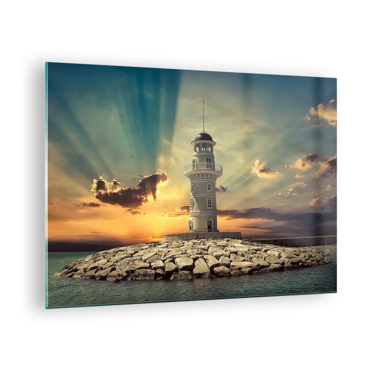 Glass picture - A lighthouse against the backdrop of the setting sun - 70x50cm - Light, Hope, Beauty - Modern wall decoration for the living room and bedroom ARTTOR
