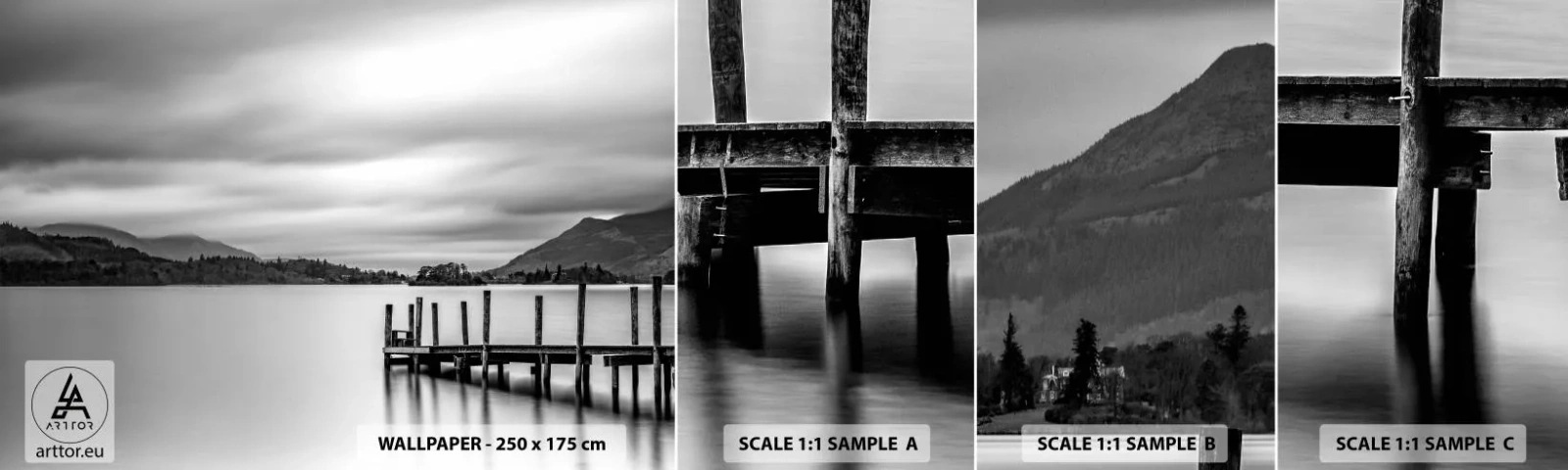 Photo Wallpaper Sample Self-Adhesive Deluxe Sticker - Tranquility and Power - Landscape, Lake, Wooden Bridge - 100x30 cm