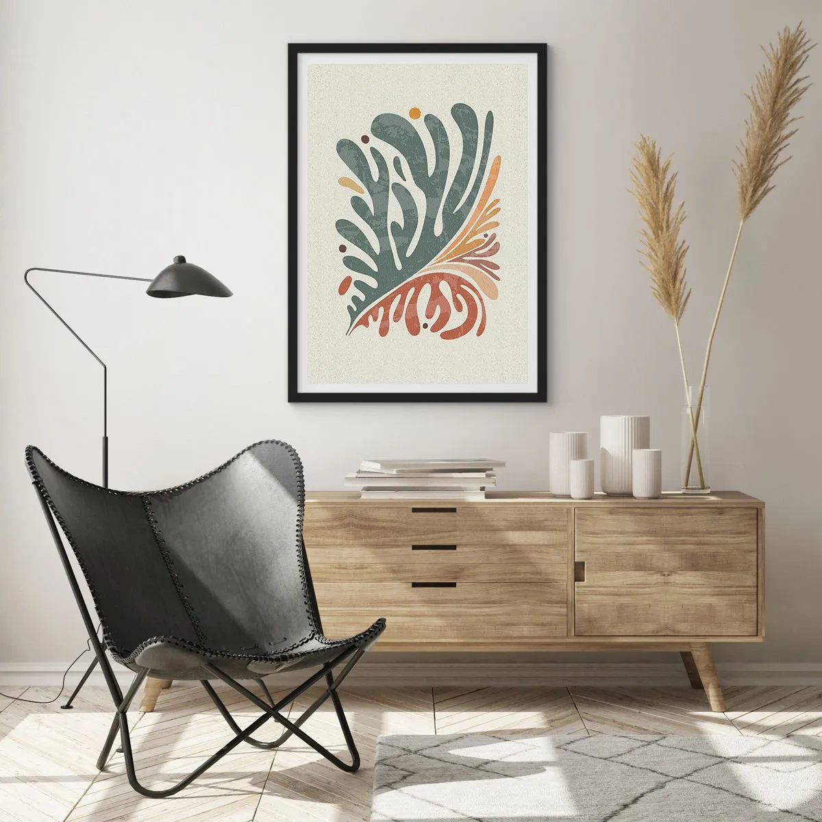 Poster in black frame - Botanical leaf pattern in green and brown tones - 50x70cm - Multicolour Leaf - Modern wall decoration for the living room and bedroom ARTTOR
