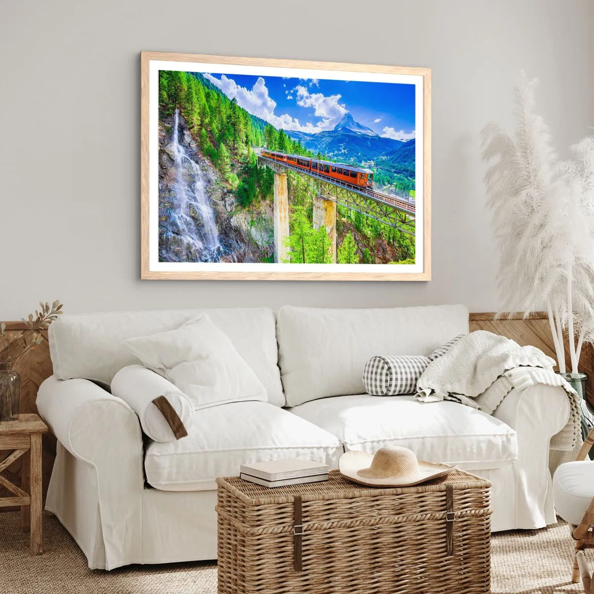 Poster in light oak frame - Train Through the Alps - 50x40 cm