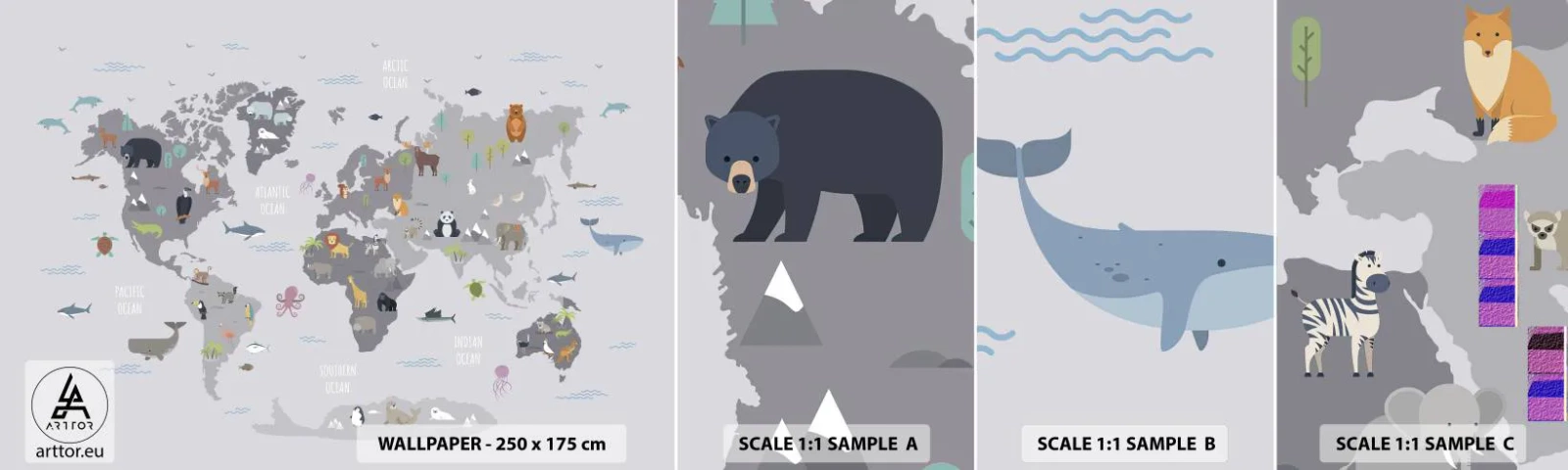 Photo Wallpaper Sample Standard Eco - Tell Me Where You Are From - World map, Animals, Continents - 100x30 cm