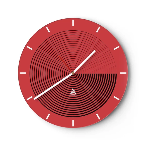 Wall clock - Clock on glass - Red background with black concentric circles and contrast - 30x30cm - Circular Movement - Modern wall decoration for the living room, kitchen, and bedroom ARTTOR
