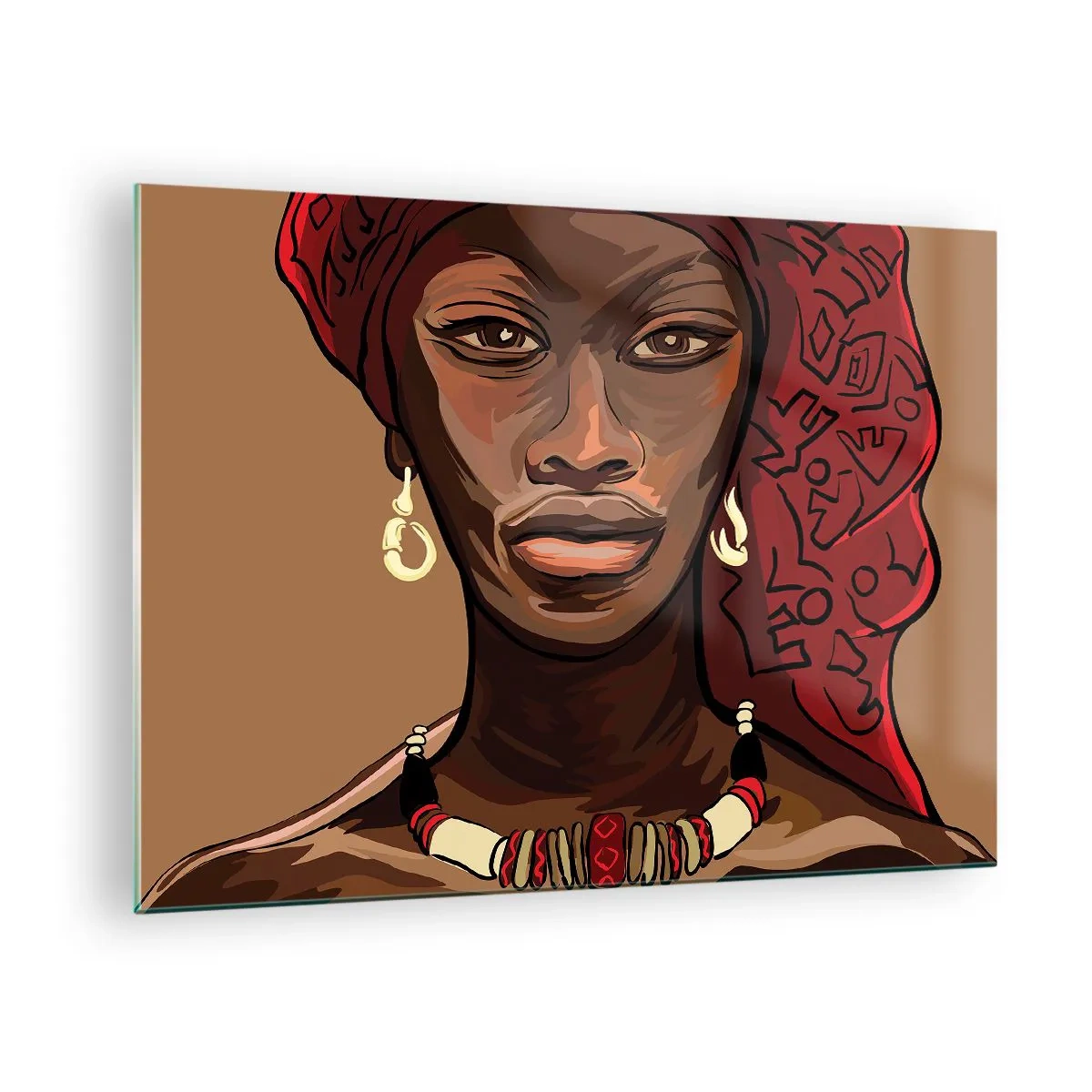 Glass picture - Stylized portrait of a woman in a red turban with jewelry. - 70x50cm - Ebony Venus - Modern wall decoration for the living room and bedroom ARTTOR