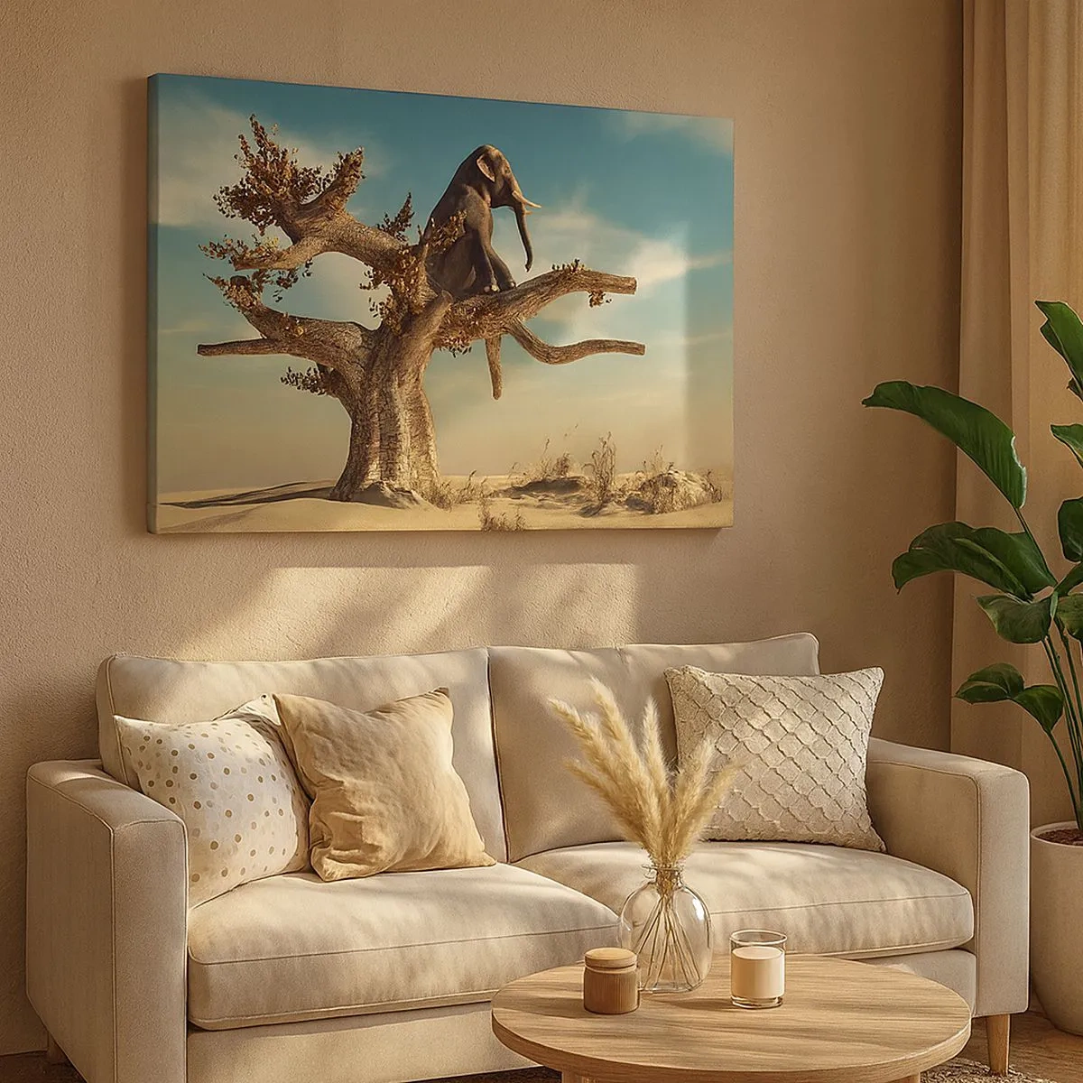 Canvas picture - An elephant sitting on a tree in a surreal landscape - 70x50cm - New Point of View - Modern wall decoration for the living room and bedroom ARTTOR