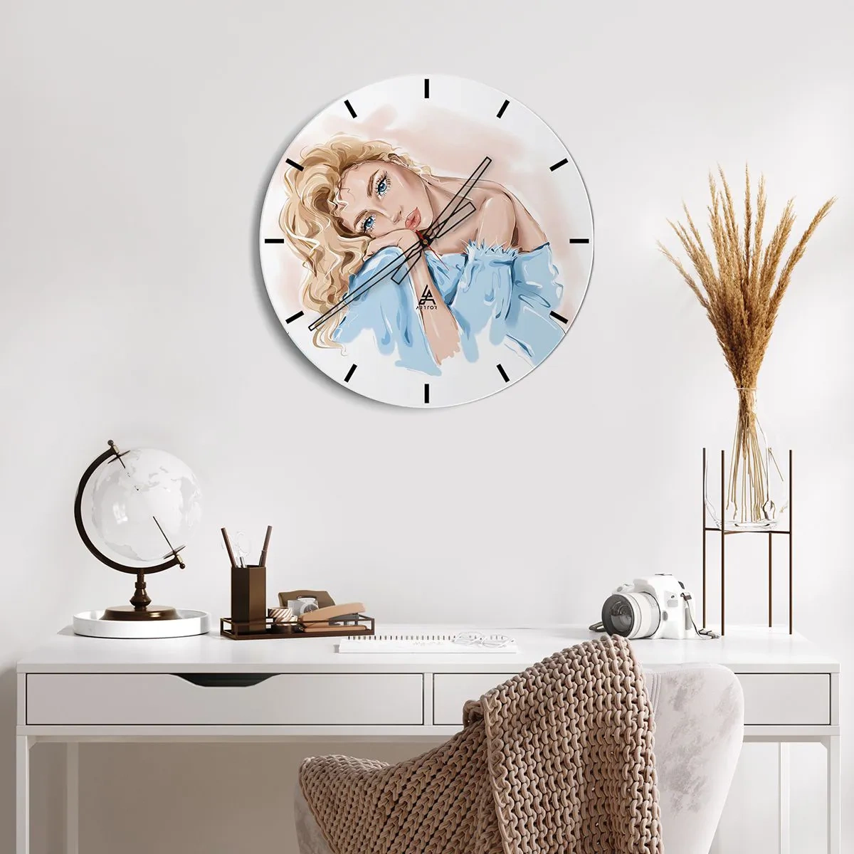 Wall clock - Clock on glass - Illustration of a woman with blonde curls in a blue outfit on a white background - 30x30cm - Dreamy in Blue - Modern wall decoration for the living room, kitchen, and bedroom ARTTOR