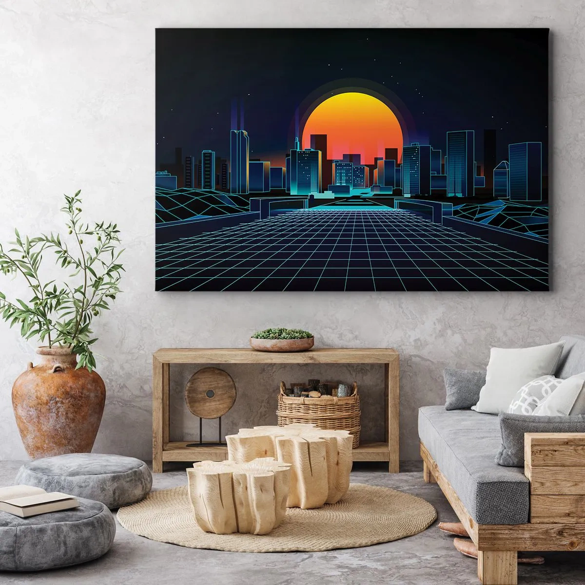 Canvas picture - Futuristic neon-style city skyline - 70x50cm - You Wanna Go Back to Reality? - Modern wall decoration for the living room and bedroom ARTTOR