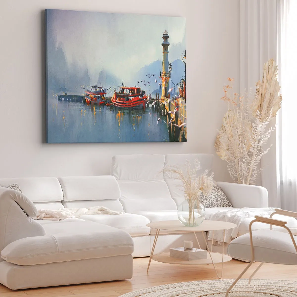 Canvas picture - A port with red boats surrounded by a misty landscape - 70x50cm - At the End of the World - Modern wall decoration for the living room and bedroom ARTTOR