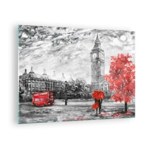 Glass picture - Big Ben with a red bus and umbrella against a backdrop of autumn trees - 70x50cm - Exciting Day - Modern wall decoration for the living room and bedroom ARTTOR