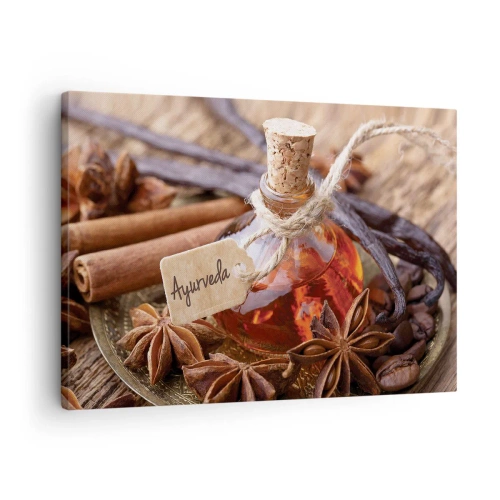 Canvas picture - A bottle of spice oil on a tray - 70x50cm - Unity of Body and Spirit - Modern wall decoration for the living room and bedroom ARTTOR
