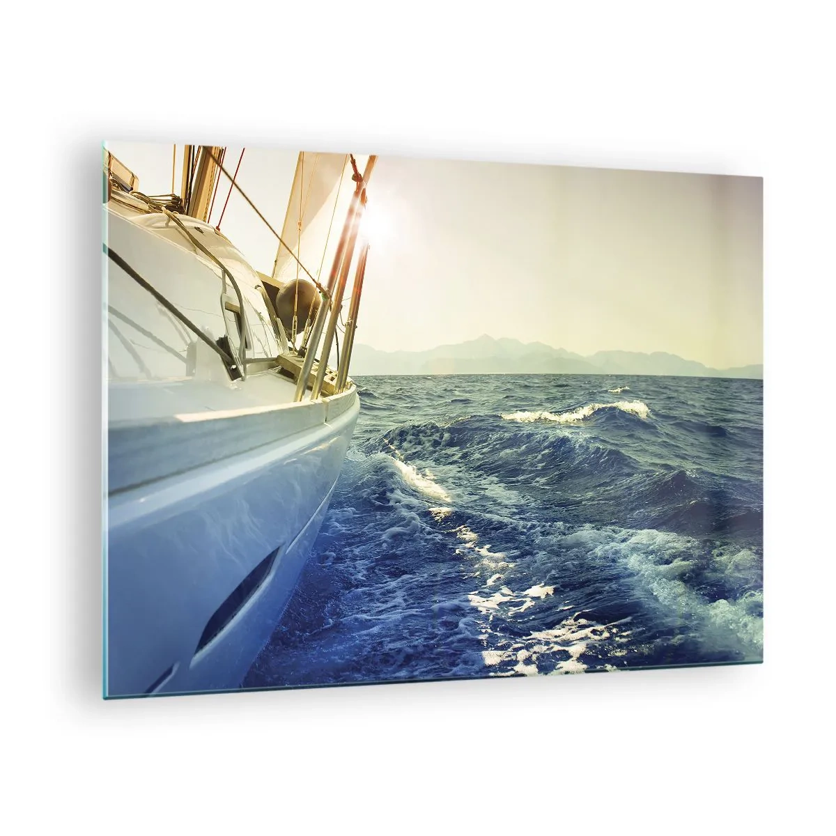 Glass picture - A sailboat on a calm sea in the light of the setting sun - 70x50cm - In Search of Adventure - Modern wall decoration for the living room and bedroom ARTTOR