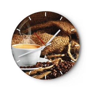 Wall clock - Clock on glass - A cup of coffee with beans and a jute bag background - 30x30cm - Smell of a Mocha and Density of a Honey Drink - Modern wall decoration for the living room, kitchen, and bedroom ARTTOR