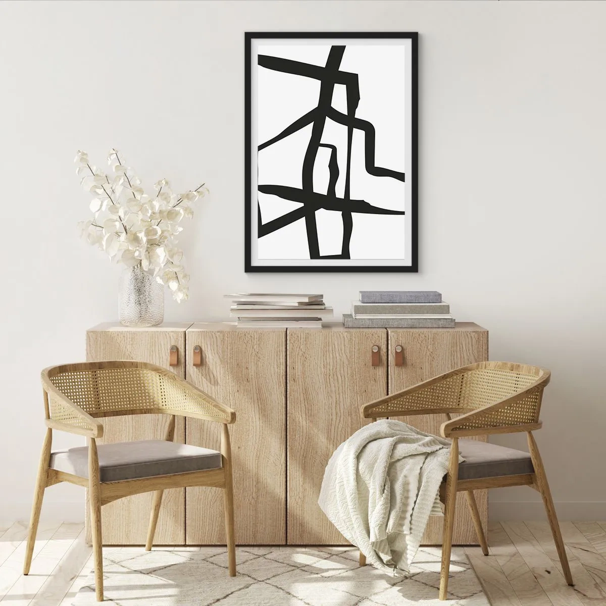 Poster in black frame - Abstract composition of black lines on a white background - 50x70cm - Black and White Construction - Modern wall decoration for the living room and bedroom ARTTOR