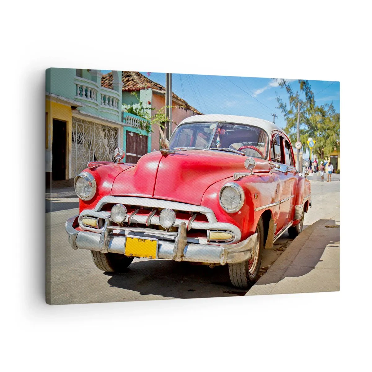 Canvas picture - A red classic car parked on the street on a sunny day - 70x50cm - Only in Cuba - Modern wall decoration for the living room and bedroom ARTTOR