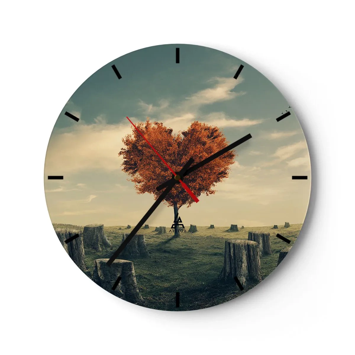 Wall clock - Clock on glass - A heart-shaped tree surrounded by trunks against the sky - 30x30cm - There Is Still Hope - Modern wall decoration for the living room, kitchen, and bedroom ARTTOR