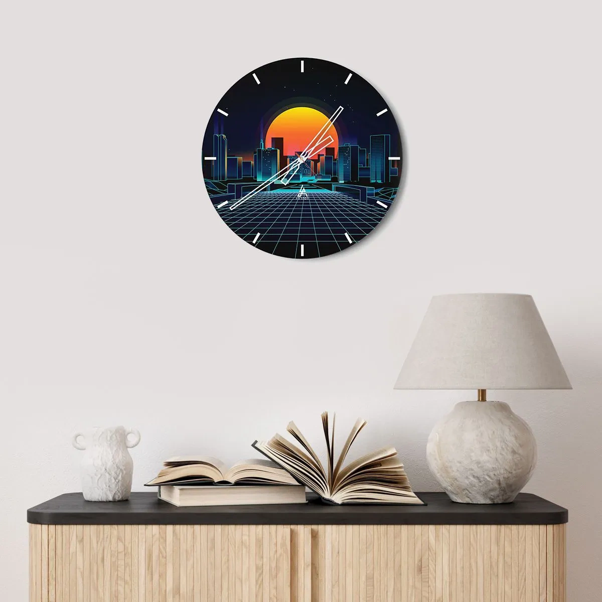 Wall clock - Clock on glass - Retro-futuristic cityscape with neon lights and sunset - 30x30cm - You Wanna Go Back to Reality? - Modern wall decoration for the living room, kitchen, and bedroom ARTTOR