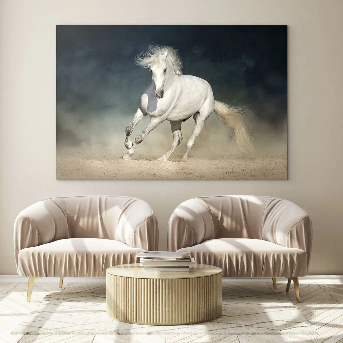 Glass picture - A white horse galloping across the sand against a dark sky. - 70x50cm - Freedom in a Pure State - Modern wall decoration for the living room and bedroom ARTTOR