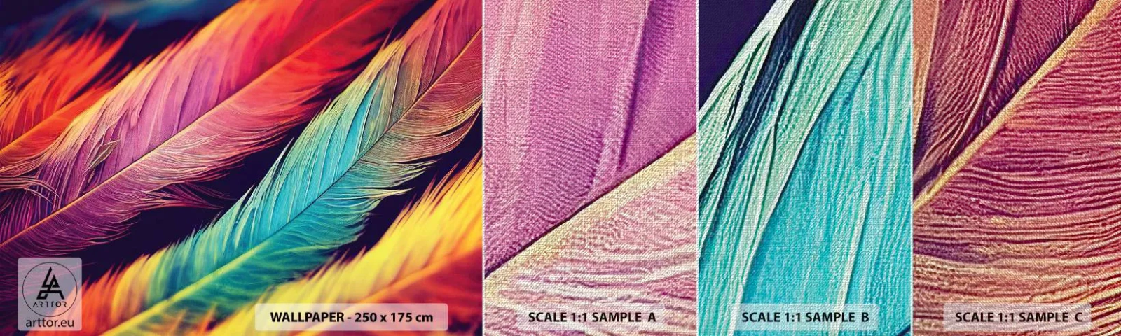 Photo Wallpaper Sample Premium Canvas - Feathered Rainbow - Feathers, Light, Colorful - 100x30 cm